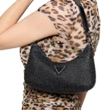 Cartera de mano Guess modelo Zalina, color negro con apliques brillantes y logo triangular metálico.