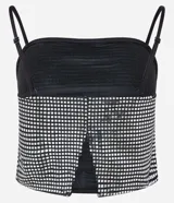 Blusa cropped metalizada con breteles finos ajustables y abertura en la espalda.