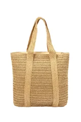 Bolso de mano tipo tote de paja color beige, con asas de soga trenzada y detalle de borla con cuentas de madera.