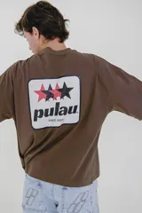 Remera color beige de corte holgado, con cuello redondo y mangas cortas. Estampado pequeño en el pecho con el logo de la marca Pulau.