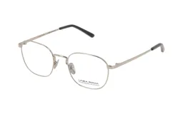 Anteojos de metal plateado con forma redonda y patillas grises.