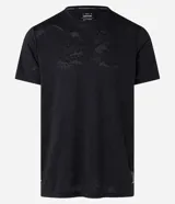 Remera deportiva negra de poliéster y elastano, con tecnología Dry, cuello redondo, manga corta y estampa jacquard.