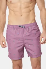 Short de baño clásico azul con estampado de palmeras, con cintura elástica y cordón regulable, dos bolsillos laterales y suspensor de malla fina.
