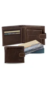 Billetera de cuero marrón oscuro con presilla de cierre. El interior cuenta con visor, tarjeteros, bolsillo para monedas y doble compartimento para billetes.