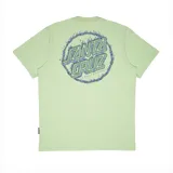 Remera verde claro de manga corta con estampa en la espalda del logo de Santa Cruz Skateboards en forma circular con llamas azules.