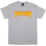 Remera gris con logo Thrasher en amarillo y contorno negro estampado en el pecho.