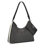 Bolso hobo Guess color negro con estampado de logos, correa corta de hombro y monedero extraíble con cierre.