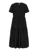 Vestido midi negro de corte suelto con mangas cortas y cuello redondo.