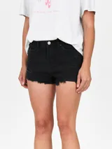 Short de jean negro con roturas y terminaciones desflecadas.