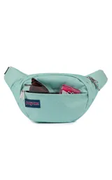 Riñonera JanSport Fifth Avenue negra con estampado de rayos blancos.