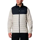 Chaleco Columbia Powder Lite II Vest para hombre, color beige con parte superior negra. Cuenta con tecnología Omni-Heat de revestimiento térmico reflectante, tecnología Omni-Shield que repele la humedad y aislamiento Thermarator de poliéster reciclado.