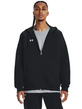 Campera deportiva Under Armour con capucha, cierre frontal completo y bolsillos laterales. Confeccionada en tejido Fleece negro, con logo blanco bordado en el pecho.