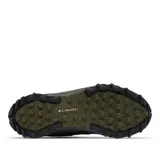 Sneaker de senderismo Columbia Peakfreak II OutDry para hombre, color verde oliva con detalles en negro. Presenta una parte superior de malla con soportes impresos en 3D, membrana impermeable OutDry, sistema de cordones Navic Fit y suela Adapt Trax.