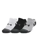 Pack de tres pares de medias deportivas Under Armour unisex, tobilleras, con tecnología que mantiene los pies frescos y brinda soporte para el arco del pie. Un par es blanco con detalles en gris, otro negro con detalles en gris y el tercero gris con detalles en negro.