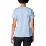 Remera deportiva Columbia color gris con estampado de líneas horizontales y logo de la marca en el pecho.