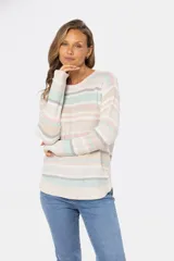 Buzo tejido de algodón a rayas horizontales en tonos azul marino, celeste, beige y blanco.