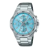 Reloj Casio Edifice plateado con esfera celeste, cronógrafo y correa de acero inoxidable. Resistente al agua hasta 100 metros.