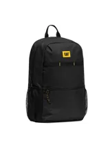 Mochila unisex Caterpillar modelo Liam Backpack, color negro. Presenta un compartimento principal con cierre, un bolsillo frontal de fácil acceso con cierre, y dos bolsillos laterales de malla. Incluye presillas frontales para fijar accesorios y correas ajustables de malla transpirable para los hombros.