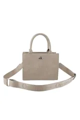 Cartera mini rectangular color rosa pálido con doble asa de mano y correa de hombro ajustable con logo de la marca.