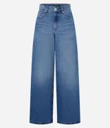 Pantalón pantalona de jeans con cintura alta, bolsillos delanteros y traseros, corte amplio y trabillas en la cintura.