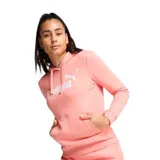Sudadera con capucha y bolsillo canguro frontal, color rosa salmón, con el logo de Puma estampado en blanco en el pecho.