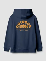 Sudadera con capucha azul marino, con bolsillo tipo canguro y cordones ajustables. Estampado pequeño en el pecho y estampado grande en la espalda, ambos en color naranja.