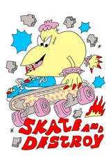 Remera blanca de algodón con estampa frontal de un personaje amarillo en patineta y la frase "Skate and Destroy" en rojo.