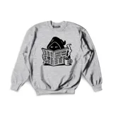 Buzo gris con estampa de la muerte leyendo un diario que dice "Everything Sucks Today" y tomando una taza de café.