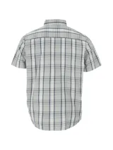 Camisa de manga corta gris con estampado a cuadros azules y blancos. Tiene cuello clásico, cierre con botones, bolsillo en el pecho con logo de Caterpillar y corte recto.