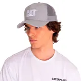 Gorro gris tipo trucker con logo de Caterpillar bordado en blanco en el frente. La parte trasera es de malla.