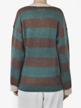 Buzo tejido de punto con escote en V y calce relajado. Presenta un diseño de rayas horizontales en colores verde y marrón, con cuello y puños en contraste de color beige.