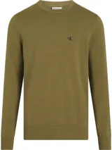 Sweater de punto verde oliva con cuello redondo, puños y dobladillo acanalados. Presenta el logo CK bordado en el pecho.