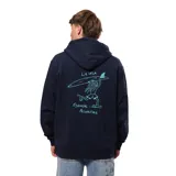 Canguro azul marino con capucha, bolsillo tipo canguro y estampado frontal con la frase "La Isla Esencial Priorities".