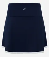 Short pollera deportivo de microfibra azul marino con bajo contrastante en blanco.