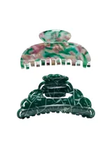Pack de dos broches para el pelo, uno con diseño carey en tonos verde, rosa y blanco, y otro con diseño carey en tonos verde oscuro y blanco.
