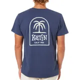 Remera azul de algodón con diseño gráfico de palmera en el pecho.