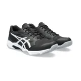 Zapatillas Asics Gel Rocket 11 negras con detalles en blanco, diseñadas para deportes de interior.
