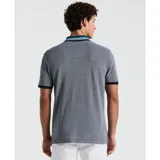 Polo gris jaspeado de algodón orgánico, corte slim fit, con cuello y puños acanalados en azul marino, celeste y blanco. Logo de pingüino bordado en el pecho.