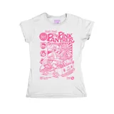 Remera blanca entallada con estampado de la Pantera Rosa en un puesto de comida rápida.