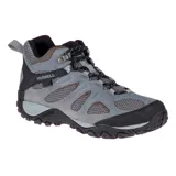 Bota de trekking Merrell Yokota 2 Mid WP, color gris con detalles en negro. Fabricada con gamuza y malla resistente al agua, con tecnología M Select™ GRIP para tracción y M Select™FRESH para control de olores. Cuenta con puntera protectora de goma, soporte de talón de TPU, plantilla Kinetic Fit™ y amortiguación Merrell Air Cushion.