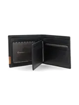 Billetera de cuero negra con detalle de cuero marrón en la esquina inferior derecha y logo de la marca. Cuenta con múltiples compartimentos para tarjetas y billetes.