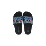 Chinelas negras con estampado de hojas de palmera y diseño de Stitch de Disney en la tira.