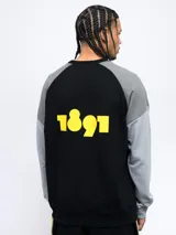 Buzo negro con mangas grises, escudo del Club Atlético Peñarol y número 1891 estampados en amarillo.