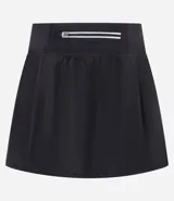 Short pollera deportiva negro de poliéster con cintura elástica, bolsillo funcional y recorte lateral en red.