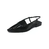 Zapato femenino elegante y fresco, con punta fina, talón abierto y tiras cruzadas en el empeine.