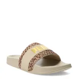 Sandalias Puma Leadcat 2.0 Animal Flair, color beige con estampado animal print y logo dorado.