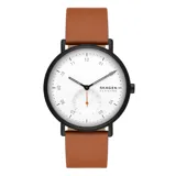 Reloj Skagen Kuppel con caja de acero inoxidable negra de 44mm de diámetro, malla de cuero marrón de 22mm de ancho, mecanismo de cuarzo de dos agujas con sub-segundero, esfera blanca sandblast y cristal mineral resistente.