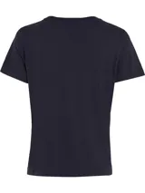 Remera azul marino de cuello redondo y manga corta, confeccionada en algodón. Presenta un logo de Tommy Hilfiger en el lateral inferior.