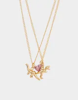 Set de dos collares dorados para compartir, con dije metálico de dinosaurio y corazón imantado.