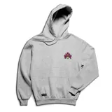 Canguro gris con capucha, bolsillo delantero y puños y cintura acanalados. Presenta un pequeño logo estampado en el pecho con detalles en rosa y verde.